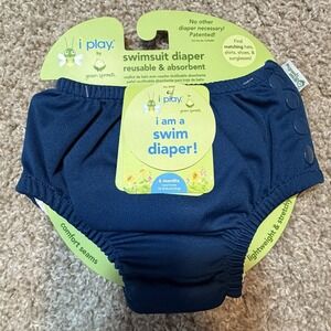 I Play Green Sprouts Swim Diaper Unisex 6 Months Navy Side Snaps Elastic Waist